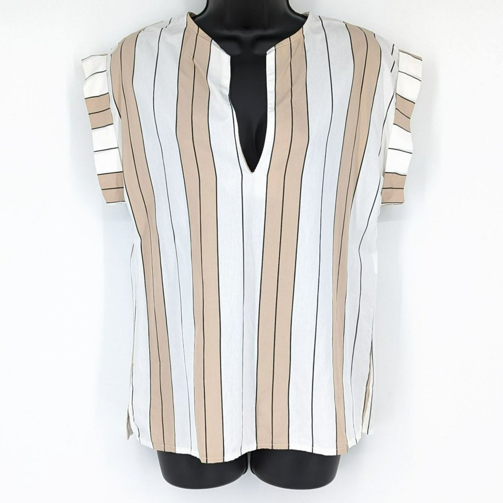 Baci Tunic Top S White Black Camel Tan Stripe Woods and Water Cuffeed Sleeve New